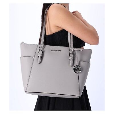 #ad Michael Kors Charlotte Large Top Zip Leather Tote Pearl Grey Saffiano Leather