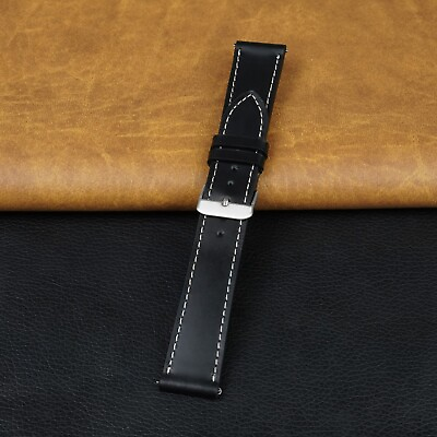 #ad Black Genuine Leather Watch Strap Men White Stitching Wristwatch Strap Bracelet