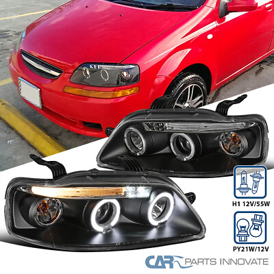#ad Fits 2004 2008 Chevy Aveo LED Dual Halo Projector Headlights Lamps Black