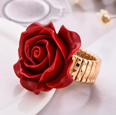#ad 35MM Wedding Gift Love Red Rose Flower Gold Plated Spring Rings Adjustable size