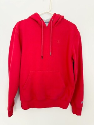 #ad Champion Mens Sweatshirt Hoodie Size S Red Kangaroo Pocket Logo Long Sleeve