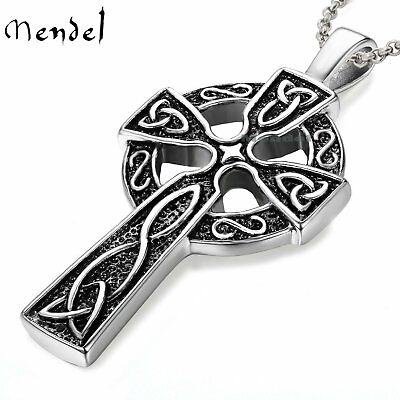 #ad MENDEL Mens Stainless Steel Irish Celtic Knot Cross Pendant Necklace Silver Men