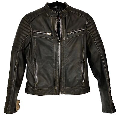 #ad VTG distressed dark brown leather XS motorcycle jacket biker bomber retro NOS