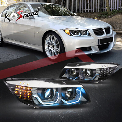 #ad Blue 3D LED U Halo Projector Headlights Black for 05 08 BMW 3 Series E90 4 Dr
