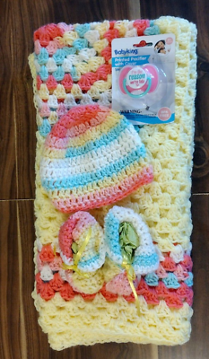 #ad HANDMADE CROCHET 5 PIECE YELLOW WITH PINK TEAL amp; WHITE COLORS LAYETTE SET