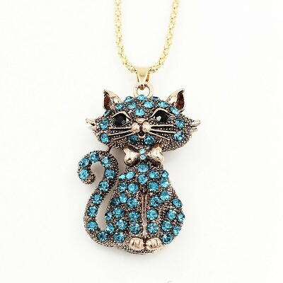 #ad Blue Crystal Rhinestone Cute Bowknot Cat Kitten Pendant Sweater Chain Necklace
