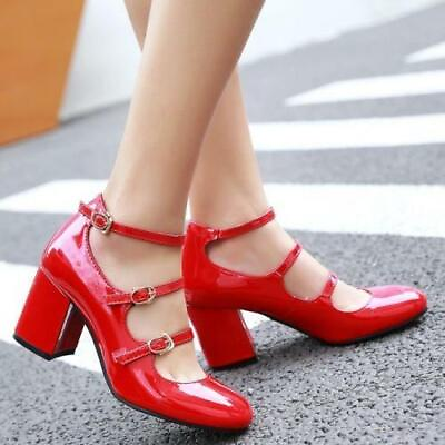 #ad Women#x27;s Patent Leather Mary Jane Block Heel Ankle Strap Square Toe Party Shoes