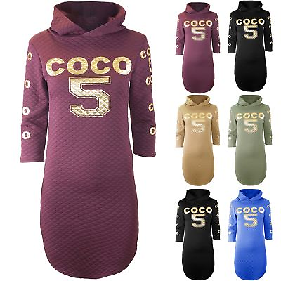 #ad Womens Coco 5 Quilted Gold Foil Curved Hem Hooded Hoodie Ladies Mini Shirt Dress