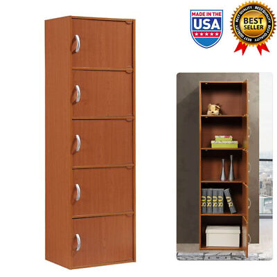#ad 5 Shelf Storage Cabinet Bookcase Tall Cupboard Organizer w Door Kitchen Pantry