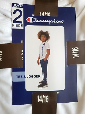 #ad Champion Boy’s 2 Piece T Shirt Tee amp; Jogger Set Size 14 16 Navy Blue and White