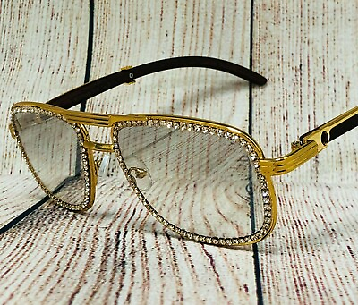 #ad Men#x27;s Sunglasses Hip Hop Quavo Migos DIAMOND Rimless Square Gold Frame Clear NEW