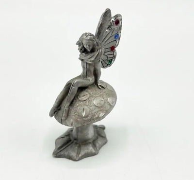 #ad Vintage Spoontiques Pewter Nude Fairy Nymph On Mushroom Figurine HMR1342 2.75quot;