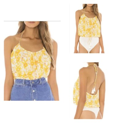 #ad Intimately Free People Yellow Floral Blousy Halter Bodysuit Top W Tassel Ties XS