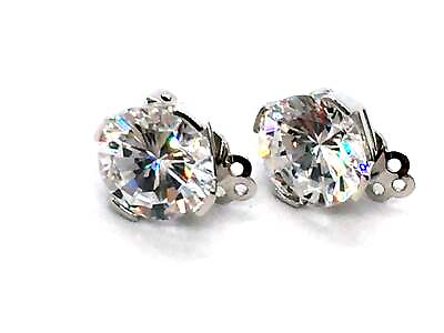 #ad 925 Sterling Silver Post Large Cubic Zirconia Clip On Earrings Vintage