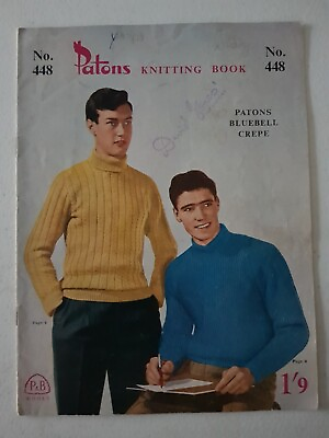 #ad Knitting Pattern Book Patons 448 Mens Knits Jumpers Vests Turtleneck Sweaters