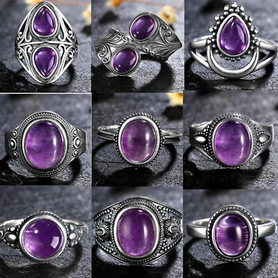 #ad Genuine Vintage Amethyst Ring 925 Sterling Silver Statement Jewelry for Women