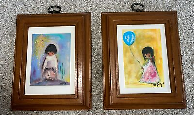#ad 2 Vintage TED DE GRAZIA Blue Boy And Ballon Girl Laminated Art Print PLAQUES
