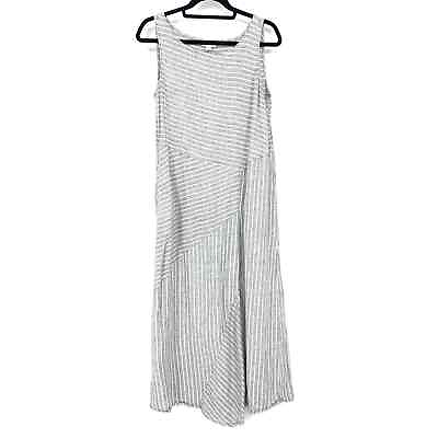 #ad J. JIll Midi Dress Women#x27;s Size Medium Love Linen Gray White Asymmetrical Stripe