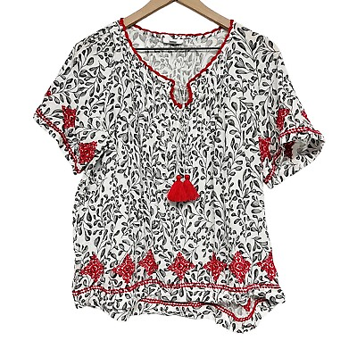 #ad J Jill Womens White Red Embroidered Top Size M Tassel Floral Print Short Sleeve