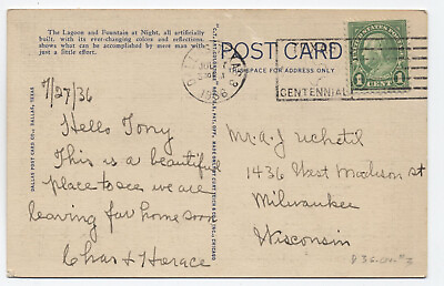 #ad 1936 Dallas TX Texas Centennial Expo slogan machine cancel on postcard 5838.315 $5.00