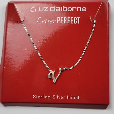 #ad Liz Claiborne Sterling Silver Initial V Letter Perfect Necklace With Rhinestones