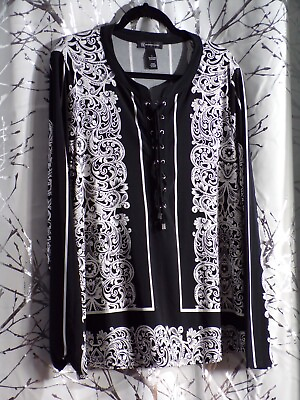 #ad INC. Black White Lace Up Blouse Top Tie Neck Scroll Design Size L Large Macy#x27;s