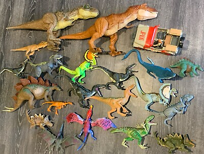#ad Jurassic Park World Dinosaur Action Figure Lot 22 Pieces T rex Raptors Jeep