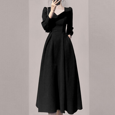 #ad Elegant Womens Square Neck Dress Long Sleeves Slim Fit Party Black Cocktail Gown