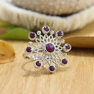 #ad Flower Designer Ruby Gemstone Sterling Silver Ring Filigree Jewelry for Gift S7