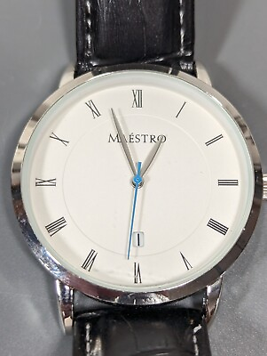 #ad Maestro White Dial Date Indicator Silver Tone Round Case Black Band Watch Mens