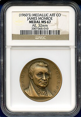 #ad 1965 NGC MS67 President James Monroe 1 1 4quot; Medallic Art Company Bronze Medal