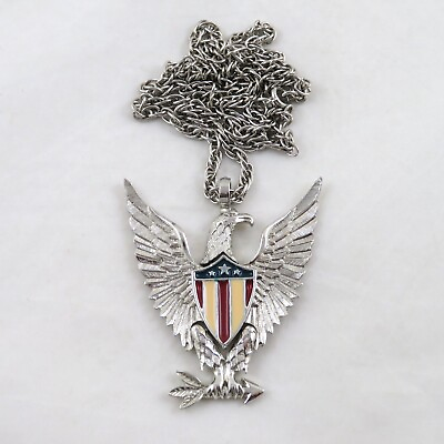 #ad Vintage Eagle Pendant Necklace Silver Tone Enamel 24quot;