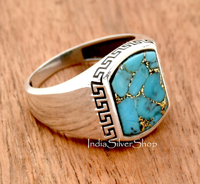 #ad Blue Copper Turquoise Ring Handmade 925 Sterling Silver Jewelry For Men Gift
