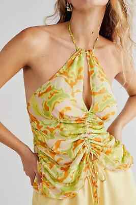 #ad Free People kyle floral retro printed halter top yellow ruched size M