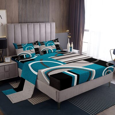#ad Modern Turquoise Decor Bed Sheets Gray Black Blue Stripes Geometric Sheet Set...