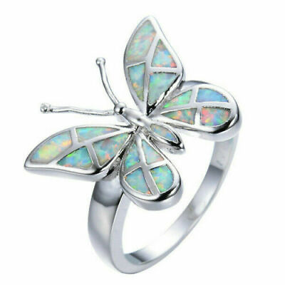 #ad Silver Plated White Fire Opal Butterfly Jewelry Rings Size 5 11 Simulated glass