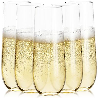 #ad 24pk Stemless Plastic Champagne Flutes 9 Oz Clear Disposable Wine Glasses...