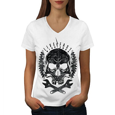 #ad Wellcoda Skull Head Ride Biker Womens V Neck T shirt Motor Graphic Design Tee