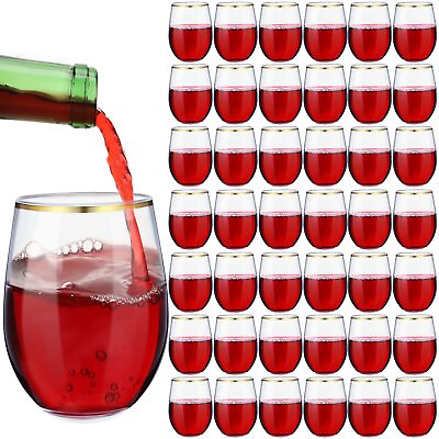 #ad 40 Pcs Clear Plastic Wine Glasses 12 oz Stemless Wine Glasses Disposable Unbr...