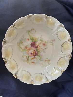 #ad Beautiful German Porcelain Serving Bowl With Roses And Scalloped Edges