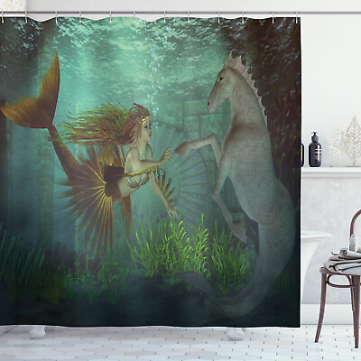 #ad Turquoise Shower Curtain Mermaid With Seahorse Print for Bathroom