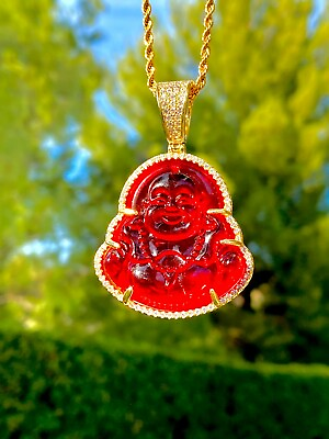 #ad Men Good luck Fortune Red Jade Bling laughing Buddha 14k Rope Chain Necklace