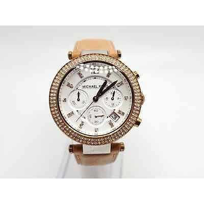 #ad MICHAEL KORS Parker Womens Crystal Chronograph Watch White Rose Gold Tan Leather