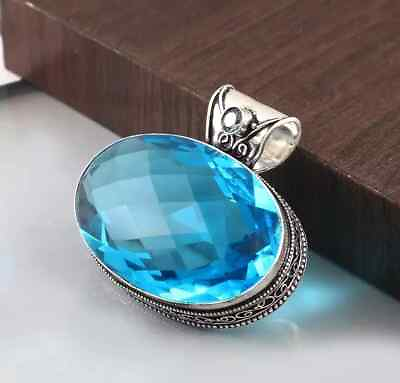 #ad Blue Topaz Gemstone Pendant 925 Sterling Silver Handmade Pendant JewelryGift