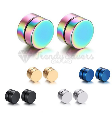 #ad Stainless Steel Magnetic Non Piercing Clip On Silver Black Round Stud Earrings