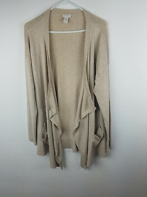 #ad Chico#x27;s Womens Open Front Cardigan SZ2 Beige Waterfall Pockets Casual A29