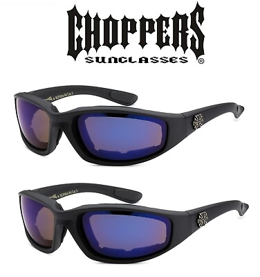 #ad 2 Pair Choppers Padded Foam Sunglasses Motorcycle Ride Glasses Dark Blue Mirror