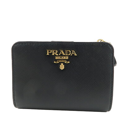#ad Authentic PRADA Logo Leather Bi Fold Wallet Small Wallet Black 1ML018 Used F S