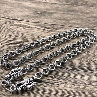 #ad Real Solid S925 Sterling Silver Necklace 8mm Dragon Head Sutra Circle Rolo Chain