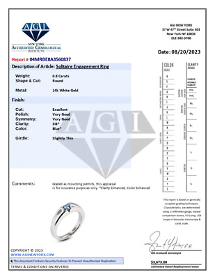 #ad 0.80ct Blue SI3 Round Natural Certified Diamond 14k Solitaire Engagement Ring